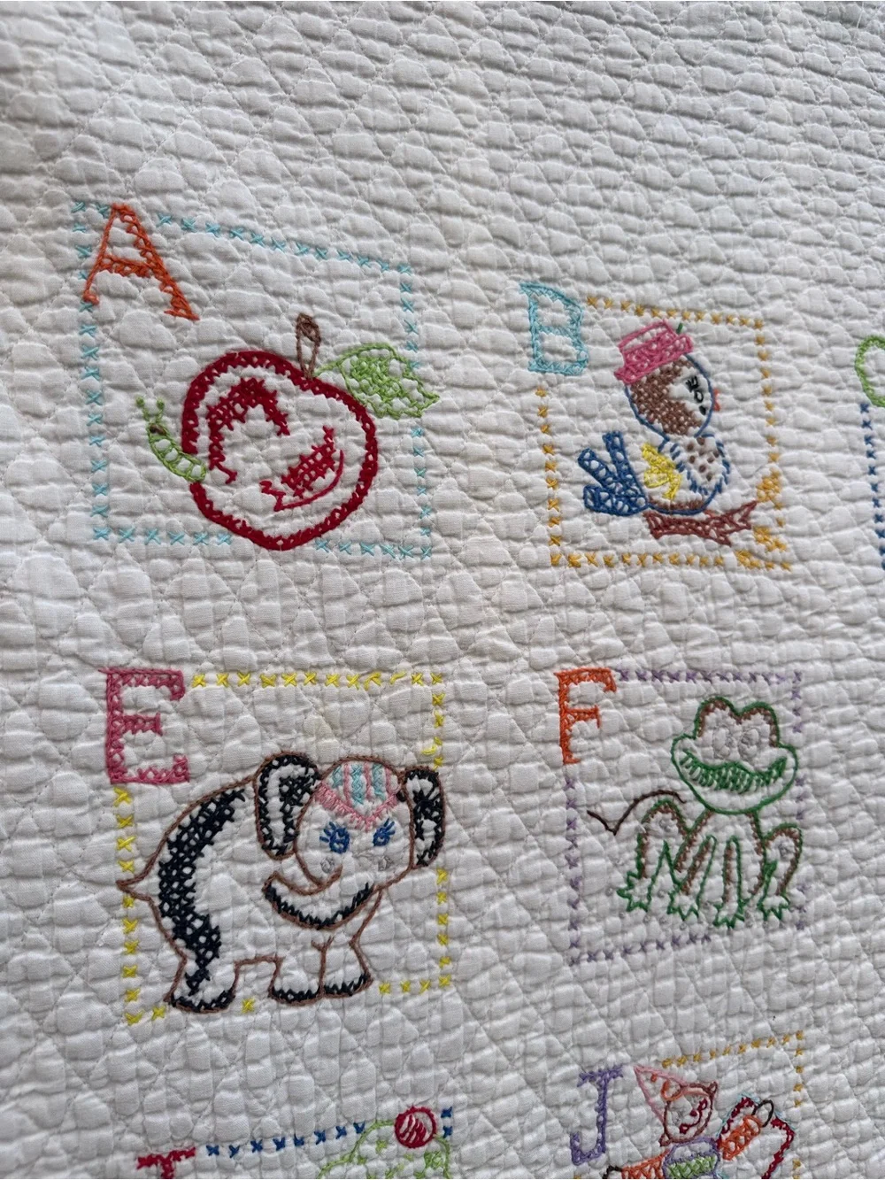Vintage White Multicolor Embroidered Alphabet baby Blanket